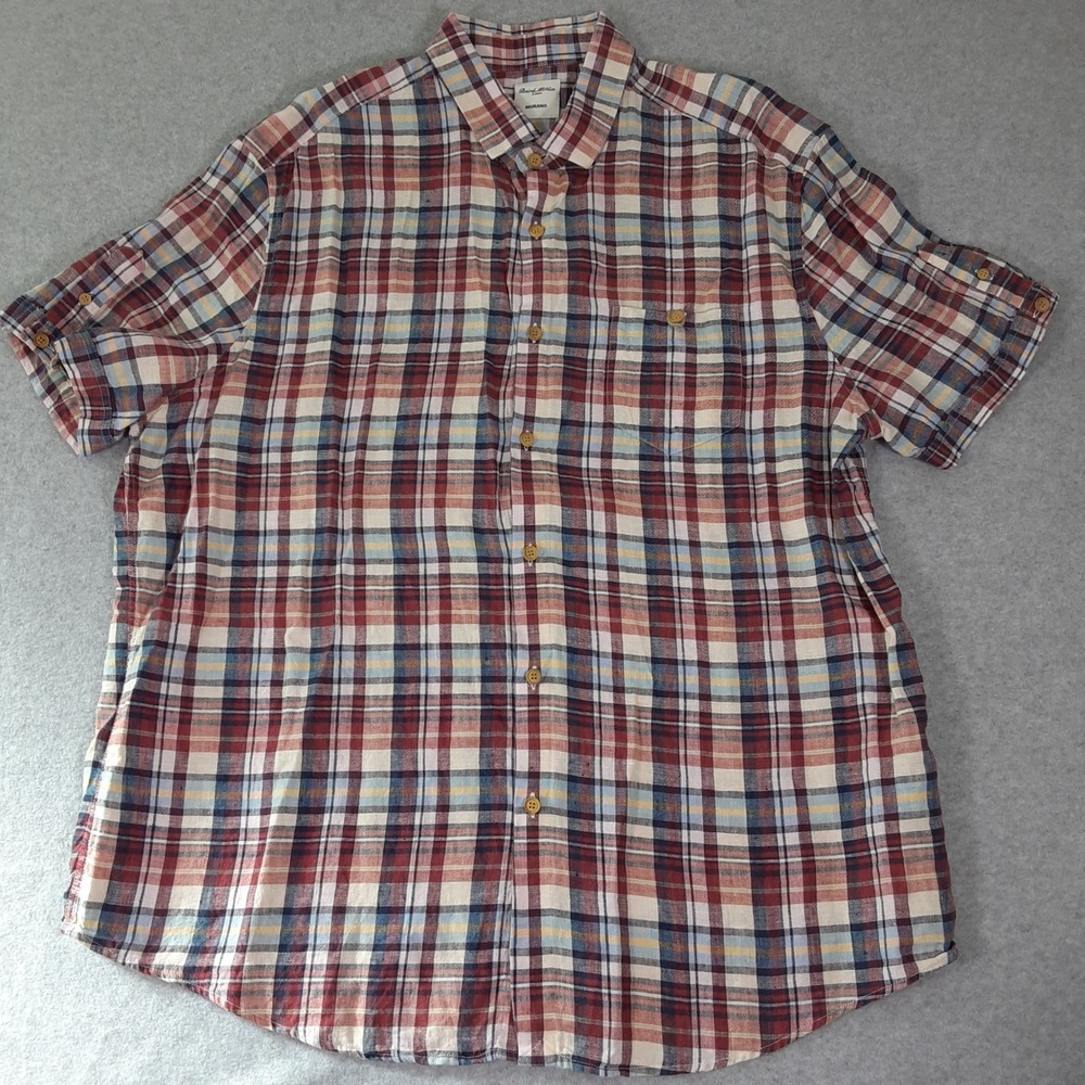 Murano Baird McNutt Linen Shirt Mens XL Red Blue Plaid Short Sleeve Button Down